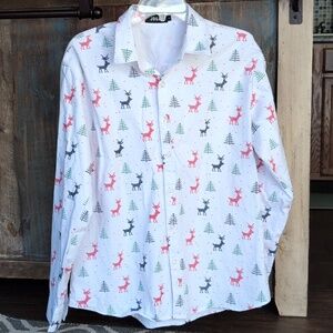 Jogal Christmas Tree & Reindeer Print Button Down Cotton Shirt - Men's Large